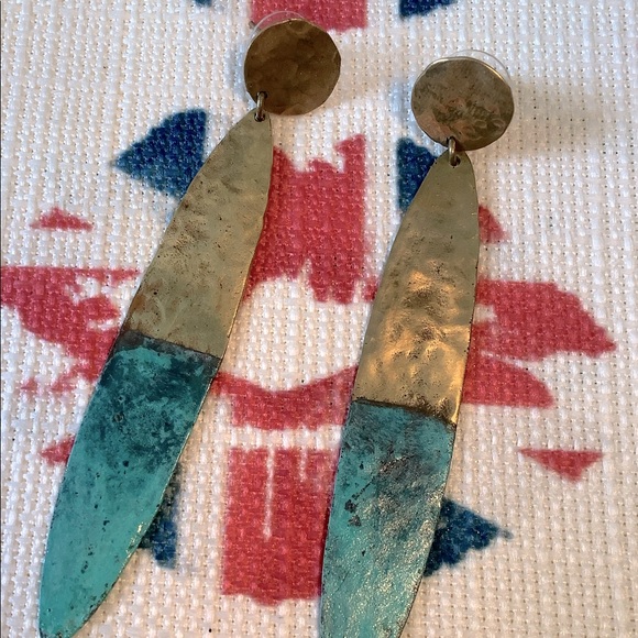 Hammered Gold Toned Brass & Green Patina Drop Earrings - Picture 1 of 6